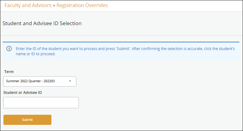 Screenshot of student ID selection page