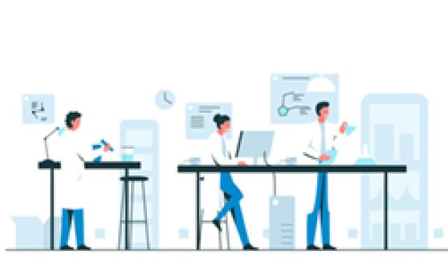 Biologists working in the laboratory. Vector colorful illustration of a group of scientists conducting research in a chemical laboratory. Teamwork concept illustration of a modern lab interior with flasks
