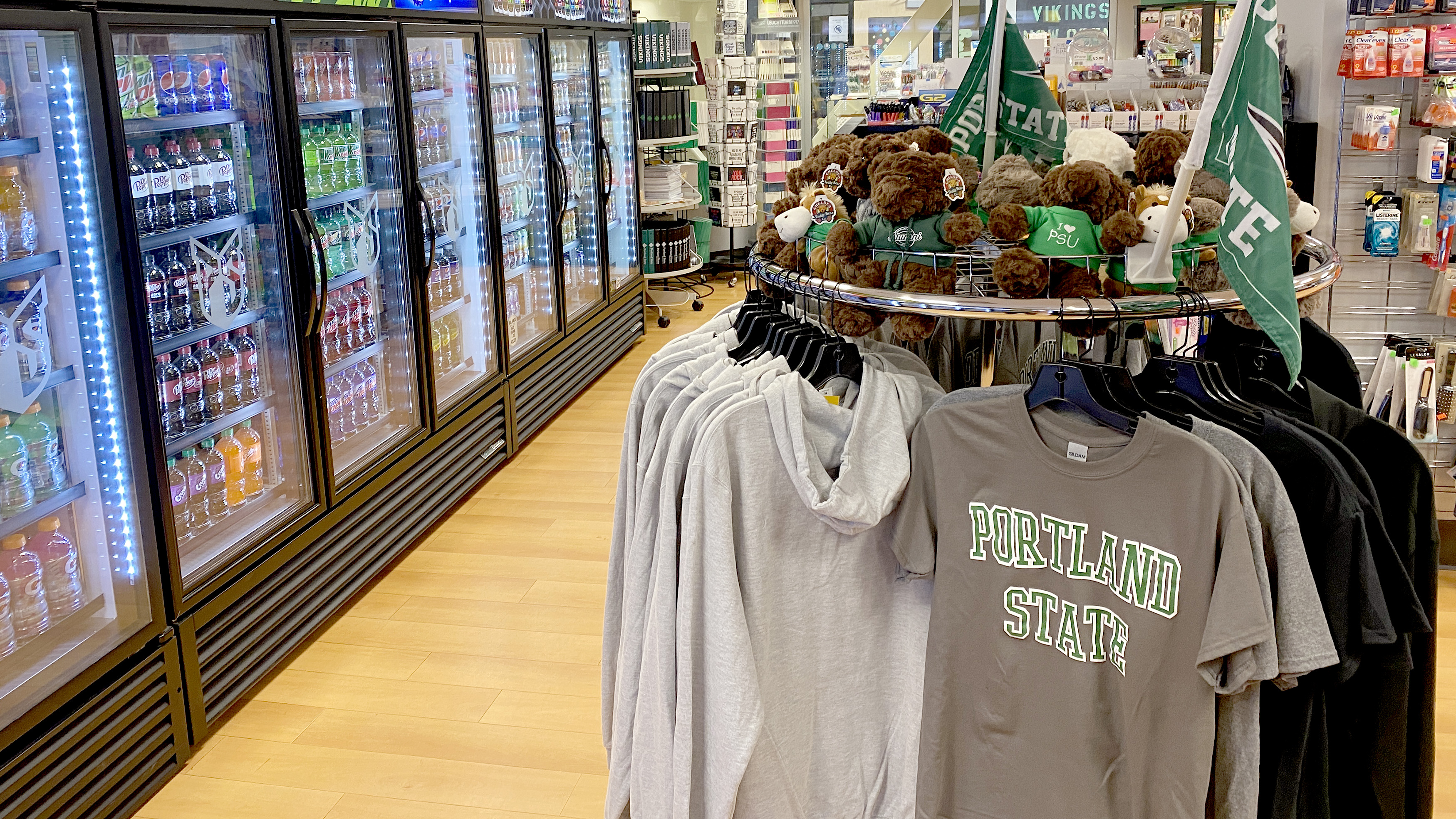 T-shirts, P S U gear and chilled beverages on display in the University Market in Smith.