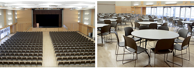 Examples of theater and round table set-up options.