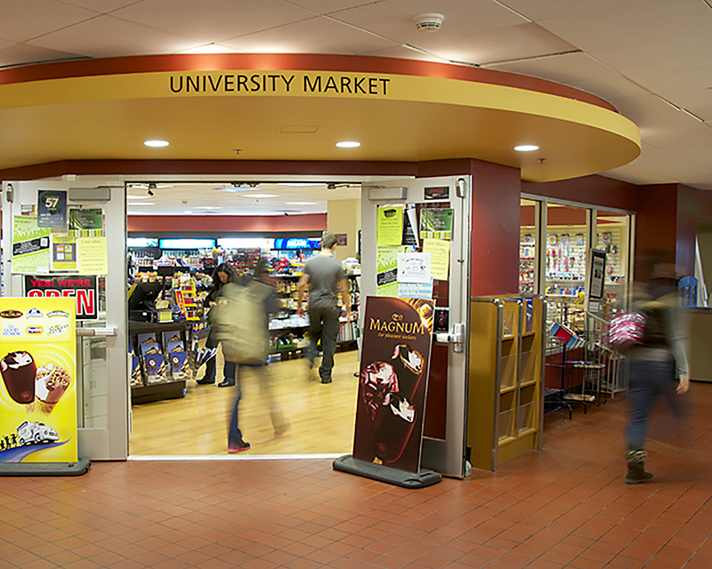 Food, drinks, snacks and supplies can be found on campus at the University Market.