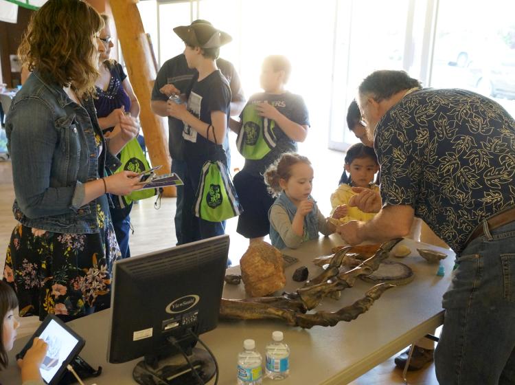 Children sitting at a desk looking at a collection of fossils with parents behind them.