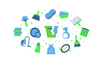 Illustration of tools frequently associated with Spring Cleaning, such as soap, cleaning spray, sponges, dust pan, broom, vacuum, and squeegee.