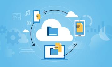 graphic of a cloud with a file in the middle with a tablet, smartphone and laptop circling it symbolizing cloud storage
