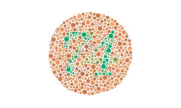 An Ishihara color test plate. People with normal vision should see the number "74". Viewers with red-green color blindness will read it as "21", and those with total color blindness may not see any numbers.