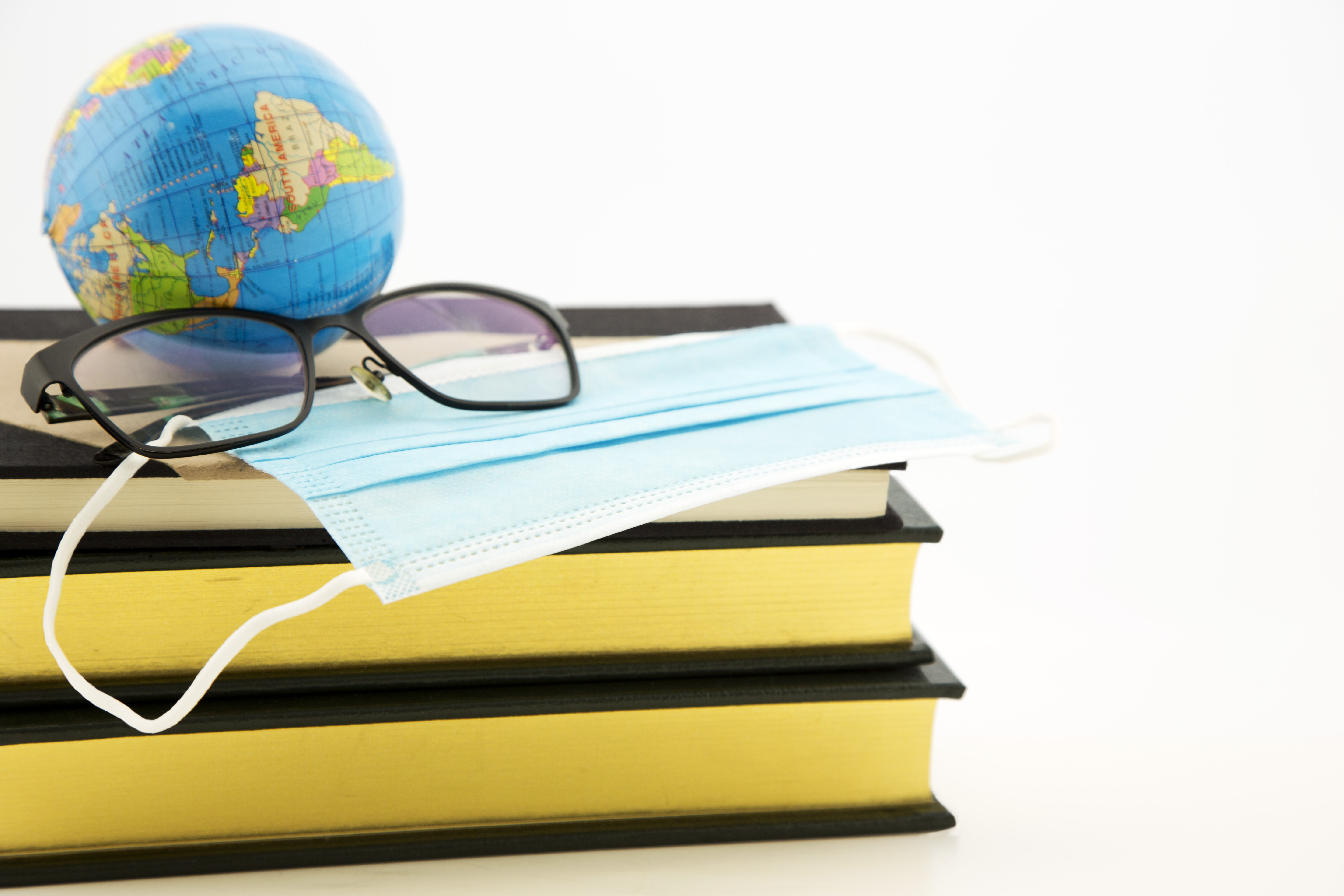 Books, a globe, a pair of glasses and a mask Image