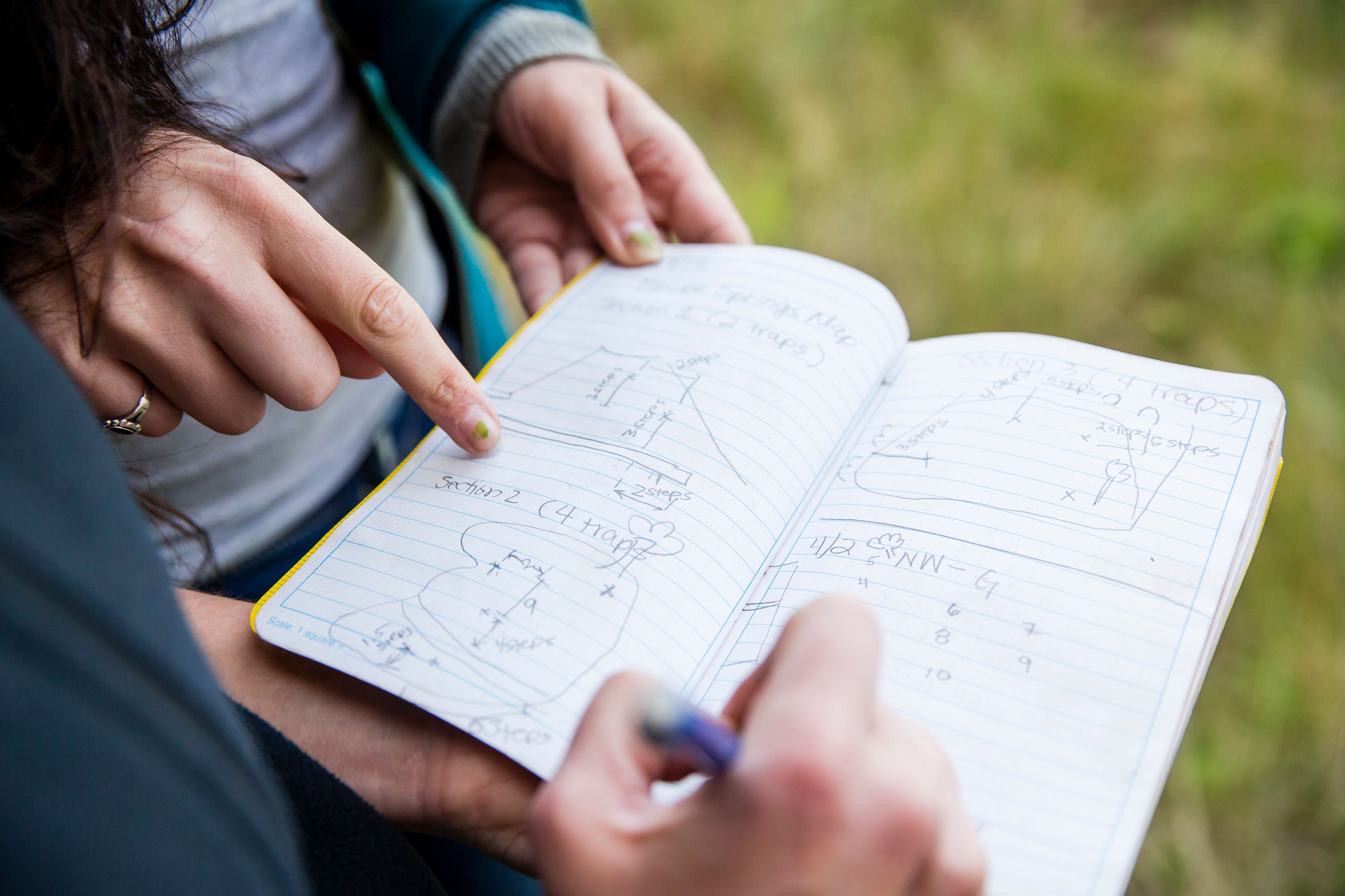 Two students collaborating over a journal.