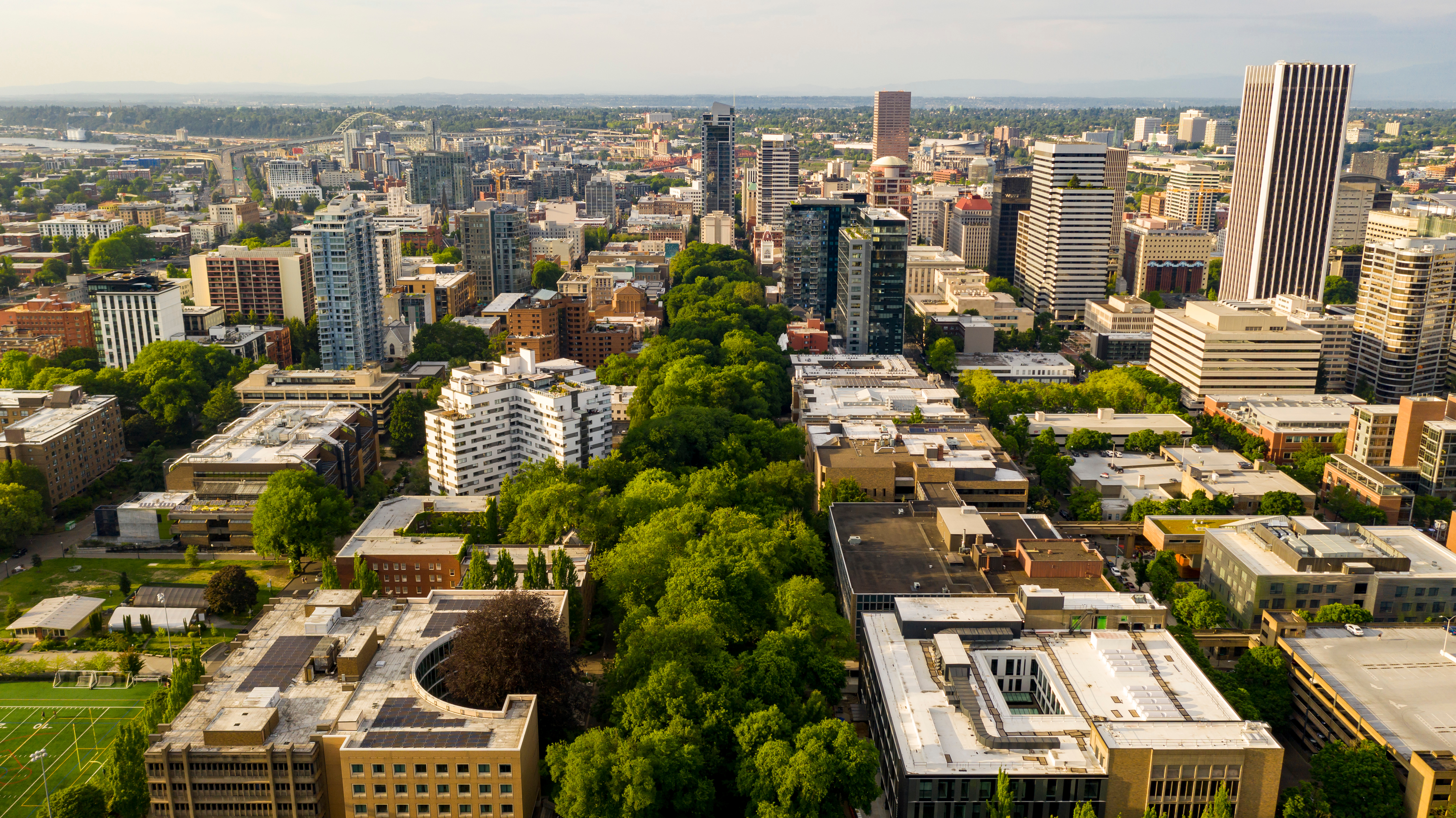 The PSU campus and park blocks seen from a sky view.