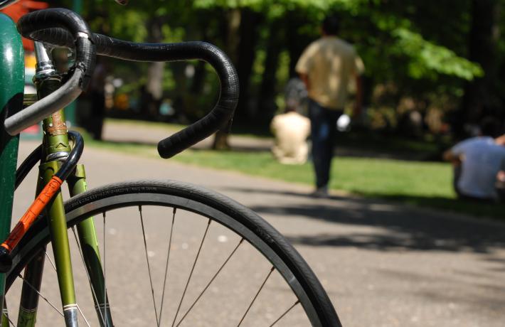 Close up of the front of a bike.