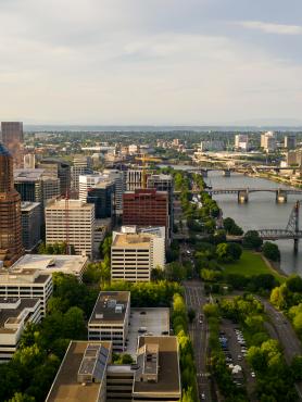 Portland from a sky view showing off part of the river.