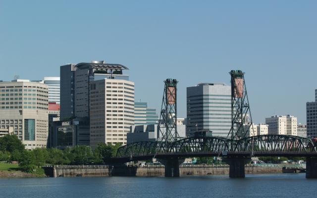A view of Portland and the Hawthorne Bridge across the river.
