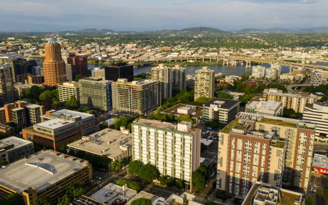 Aerial shot of campus buildings