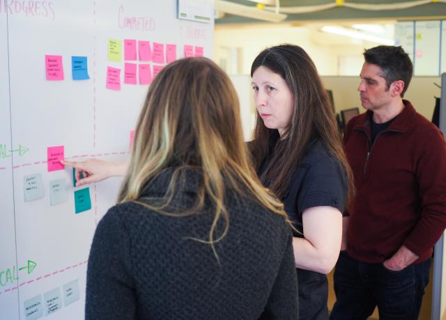 faculty and staff working at white board