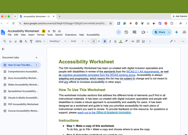 Accessibility worksheet screenshot