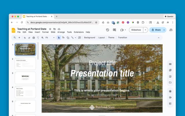 Google slides presentation, with the Portland State University branding