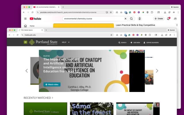 Kaltura MediaSpace and Youtube browsers against a purple background