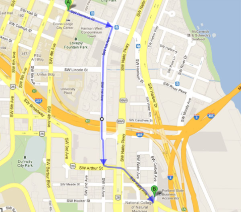 Walking directions map from SW 4th & Harrison to 2828 S Corbett Ave.