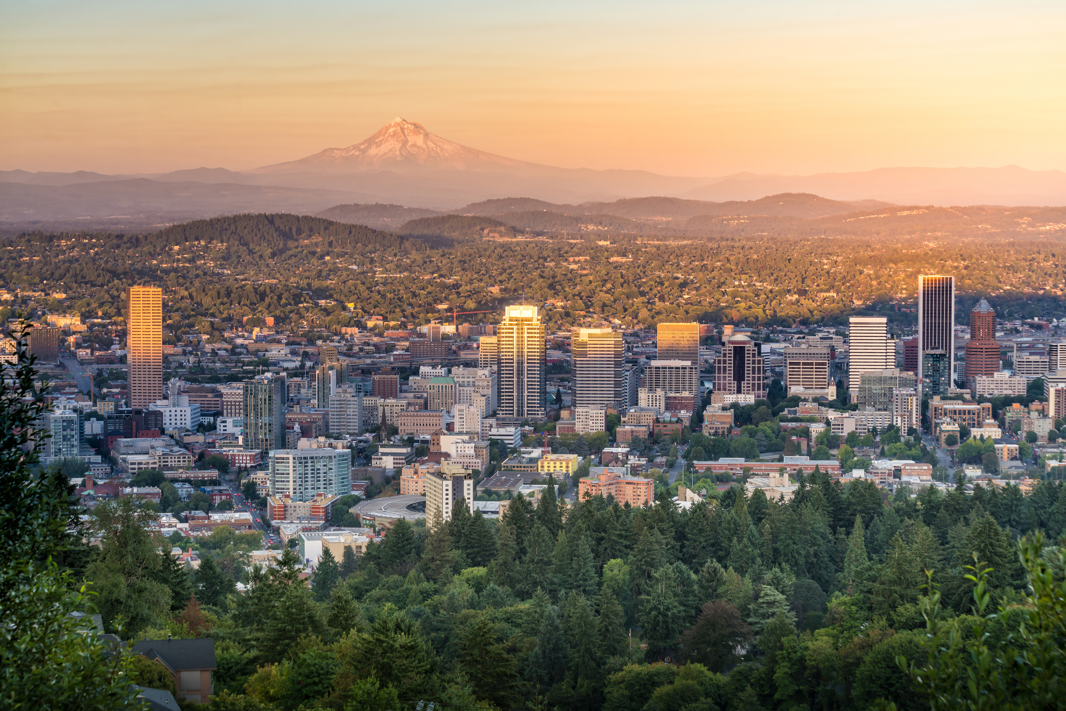 Aerial view of Portland and Mt. Hood