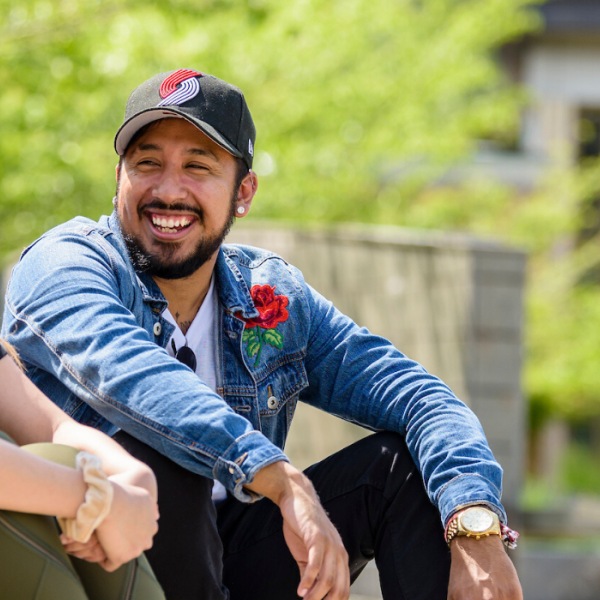 Students sitting on steps talking