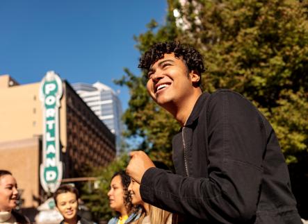 Students walking through downtown Portland