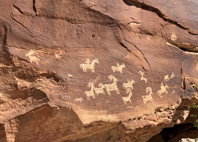 rock face with petroglyph depicting four-legged horned animals