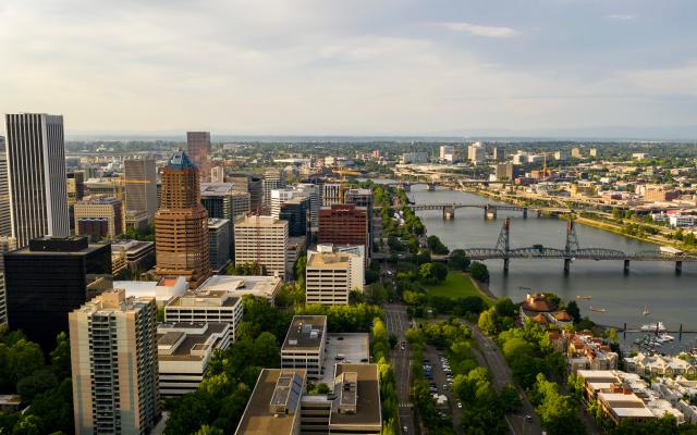 North-facing bird's-eye view of downtown Portland 