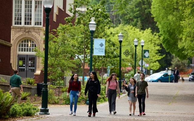 Photo of students walking through the Park Blocks.