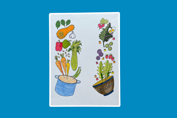 Card with illustrations of a pot with food ingredients going into to, carrots, celery, bell pepper and squash. And on the other side is bowl with salad ingredients going in it like lettuce, strawberries and radishes.