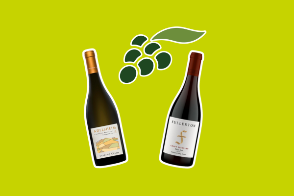Two wine bottles, one of Adelsheim Chardonnay and the other of Fullerton's Pinot Noir with a grape bunch icon between them.