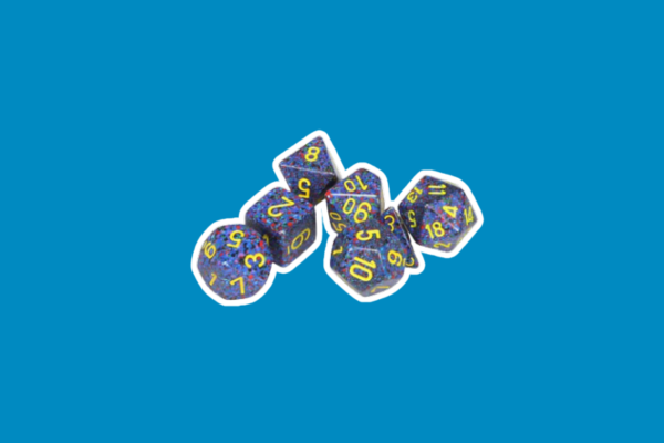 Chessix multi-colored dice with yellow numbers.