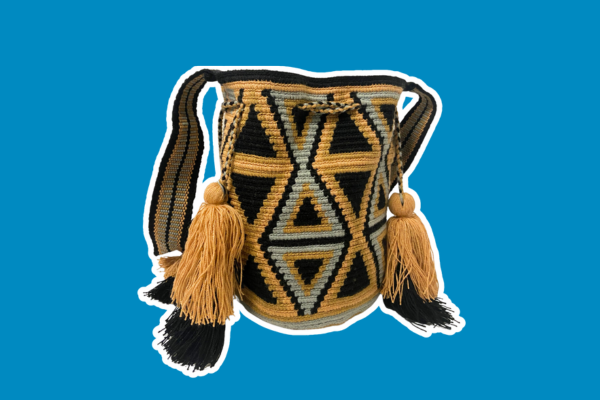 Handwoven bag with gold, black and gray triangle pattern and gold tassels.