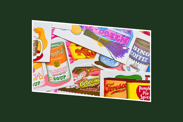 A collection of paper cards with risograph prints of them of egg cartsons, warhol inspired Campbells soup cans and coffee cans.