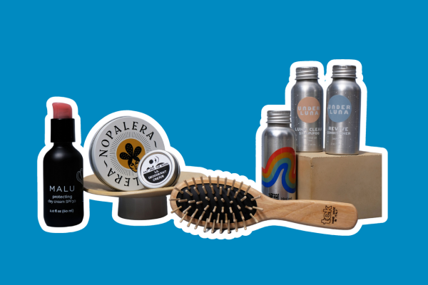 Sustainable home products from store Way of Being, including a brush, deodorant cream, face cream, shampoo and conditioner.