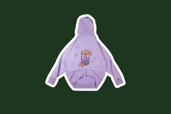 Purple sweatshirt with a graphic of a glass jar of boba tea on the back