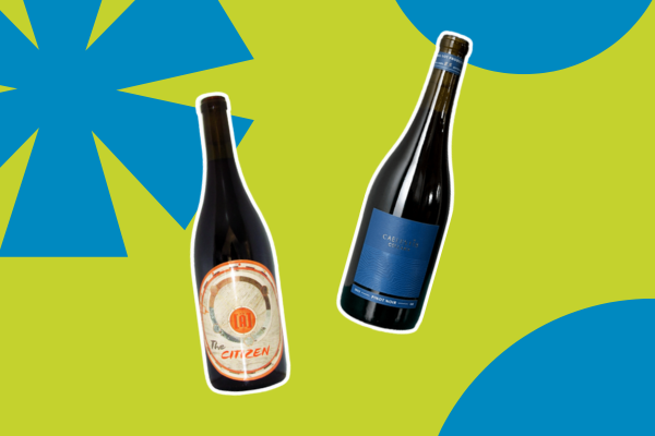 Graphic with green background and blue shapes with two wine bottles