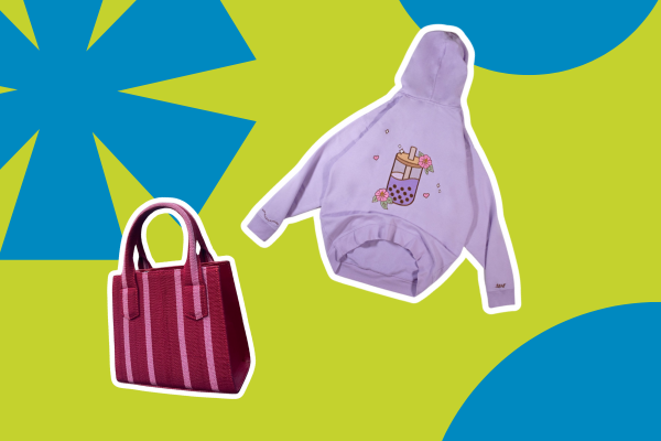 Green background with blue snowflake icons with a sweatshirt and handbag.