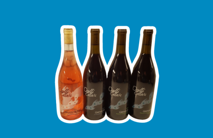 Four bottles of Ocelli Cellars wine, a rose and three reds all Grenache style.