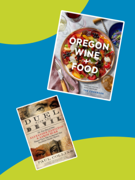 Blue background with lime green circles and over it graphics of two books over it.