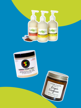 Blue background with lime green circles and over it graphics of bottles of lotion, a jar of shea butter and a candle.