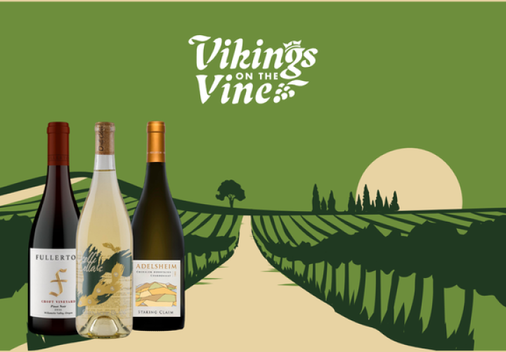 Graphic illustration of a vineyard with three bottles of wine in the foreground and the text "Vikings on the Vine"