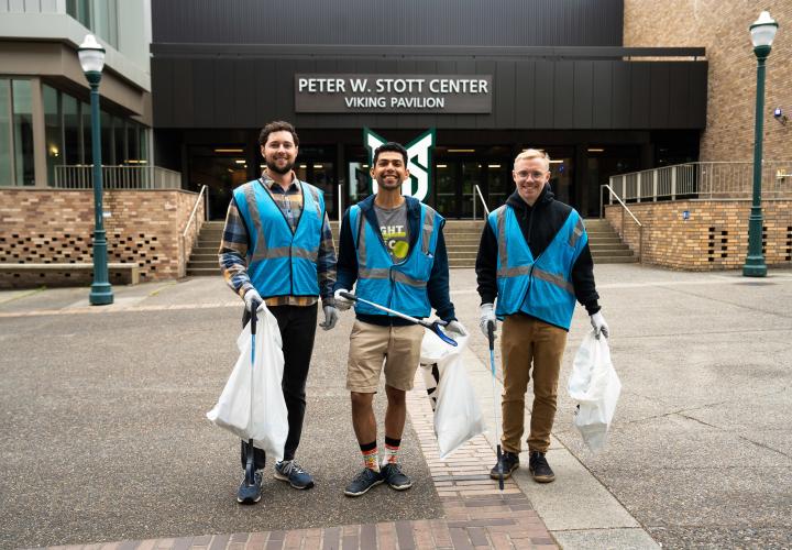 Alumni standing out the Peter W. Stott Center on Serve the City Day