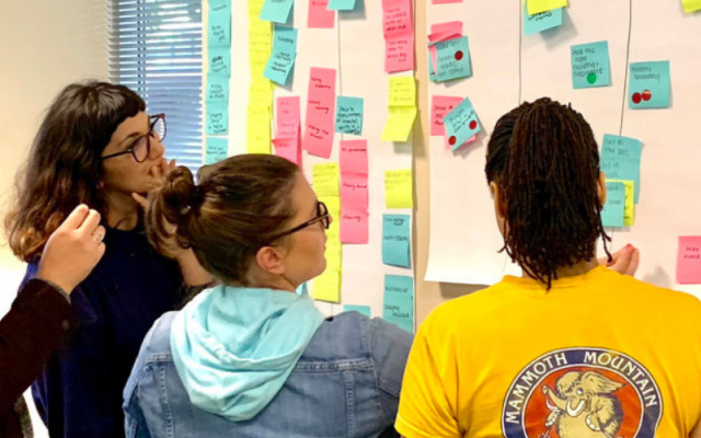 Students placing post-its on posters on wall