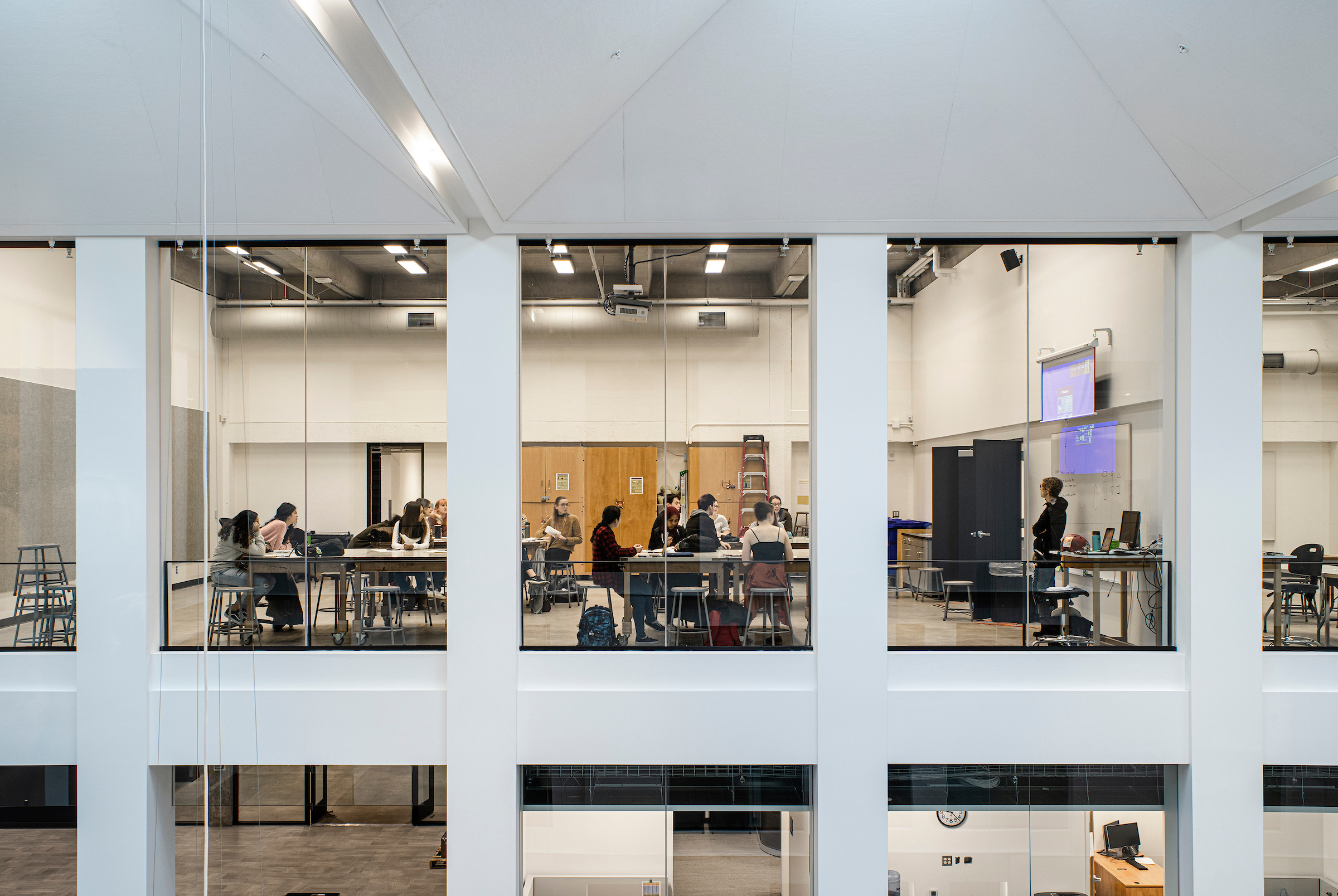 Studio classroom windows viewed from across the FMH light well