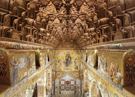 Mosaics and stucco ceiling inside a Byzantine church