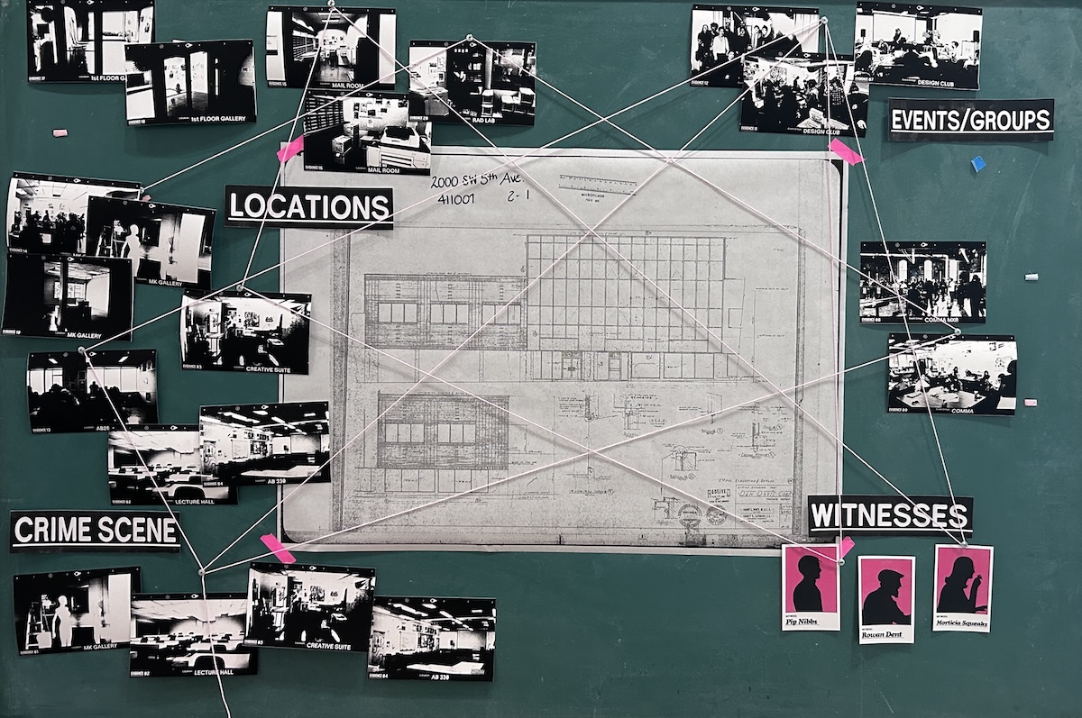 Old school chalk board with plans on the old art building, black and white photos, and CSI style string linking images.