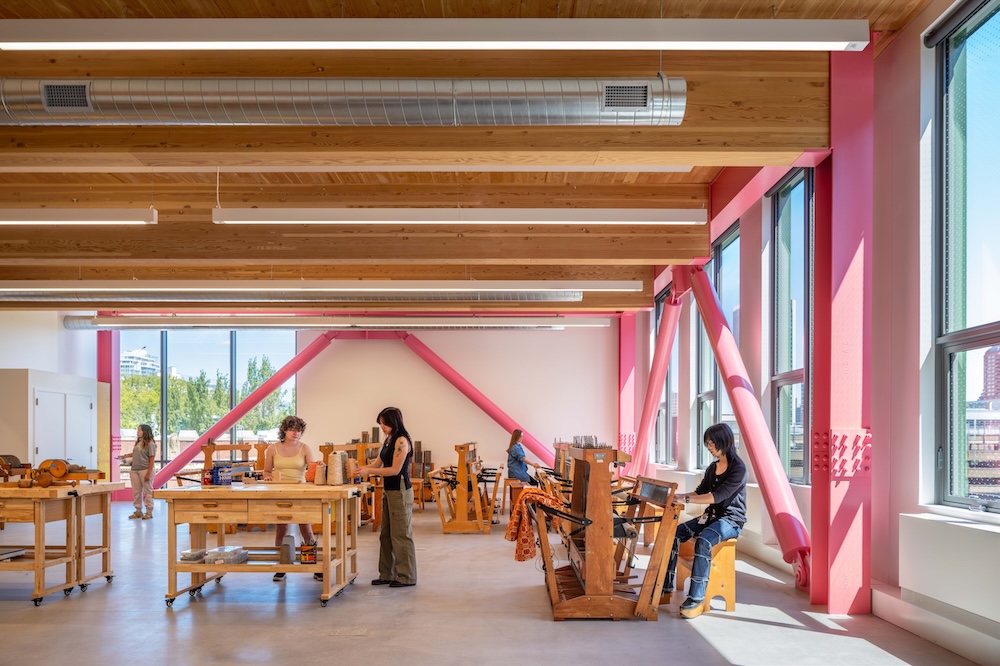 Textiles studio filled with Macomber weaving looms.
