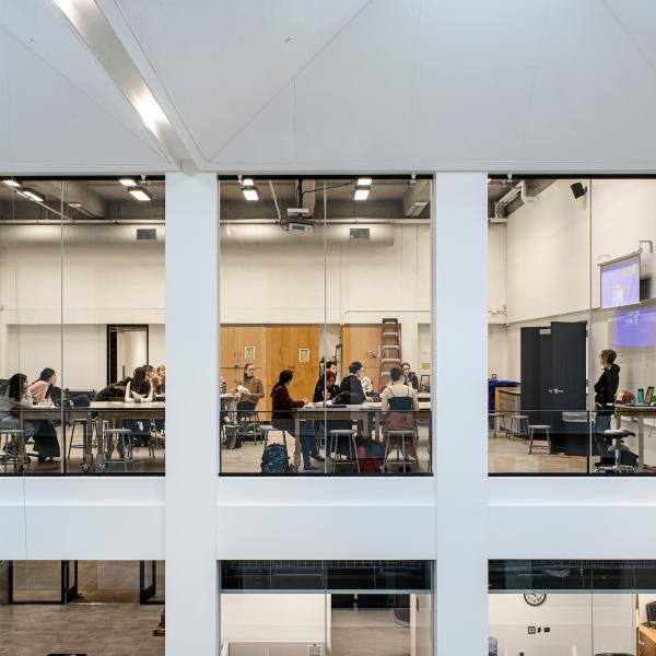 Studio classroom windows viewed from across the FMH light well