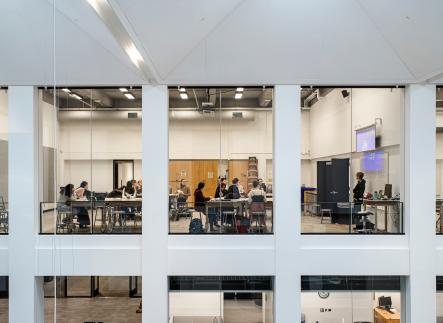 Studio classroom windows viewed from across the FMH light well