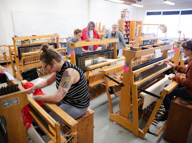 Weaving studio with floor looms