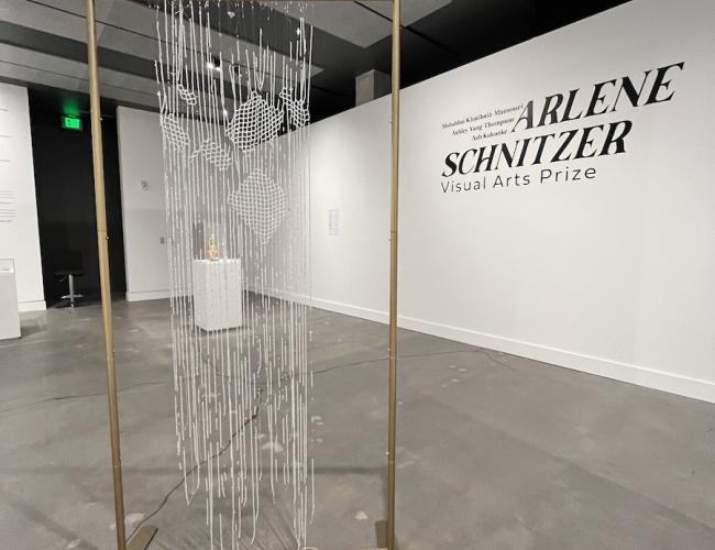 Installation view of crystal bead curtain hanging from a rectangular gold frame.